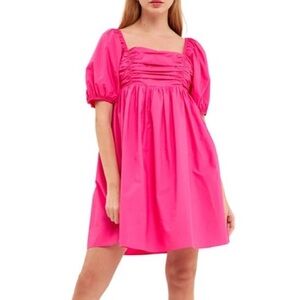 NWT English Factory ruched cotton poplin mini dress puff sleeve babydoll size S